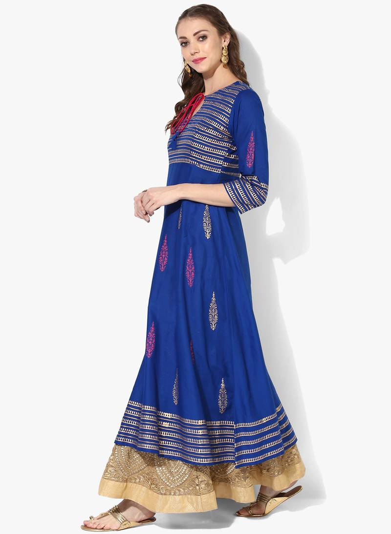 Women's Blue Cotton Block Prints Long Anarkali kurti