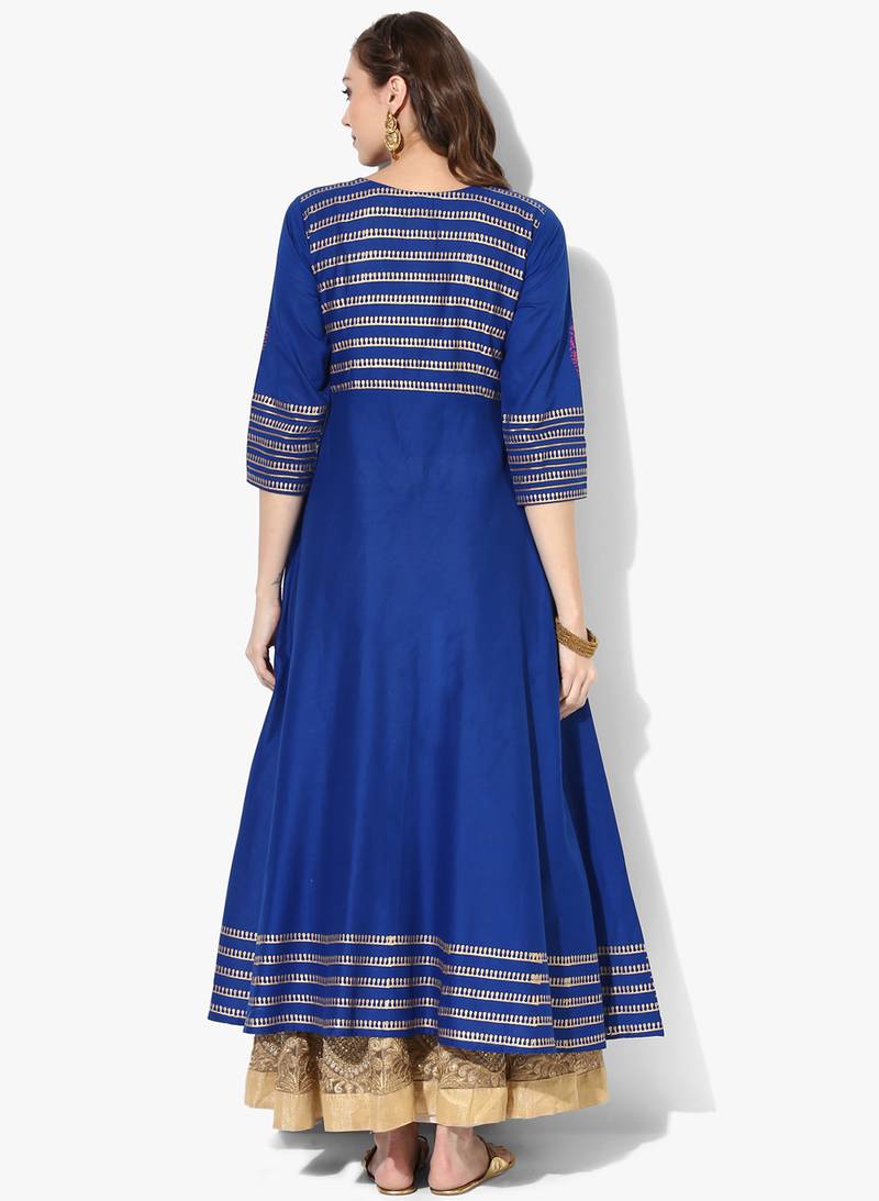 Women's Blue Cotton Block Prints Long Anarkali kurti
