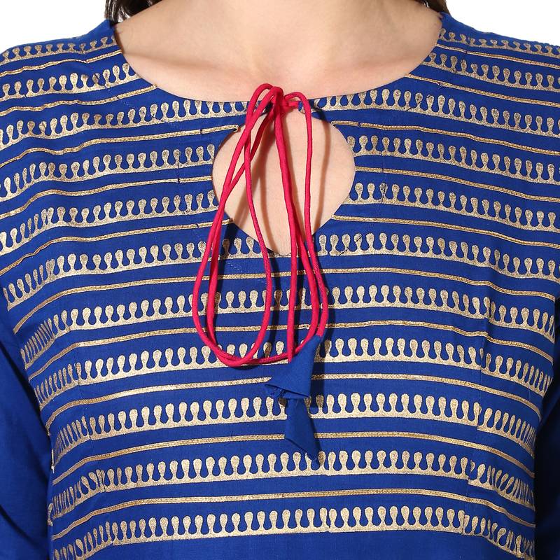 Women's Blue Cotton Block Prints Long Anarkali kurti