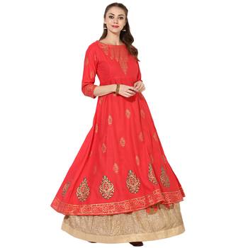 Women's Red Cotton Block Prints Long Anarkali kurti 1