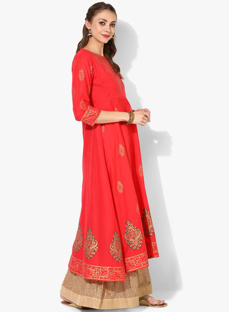 Women's Red Cotton Block Prints Long Anarkali kurti