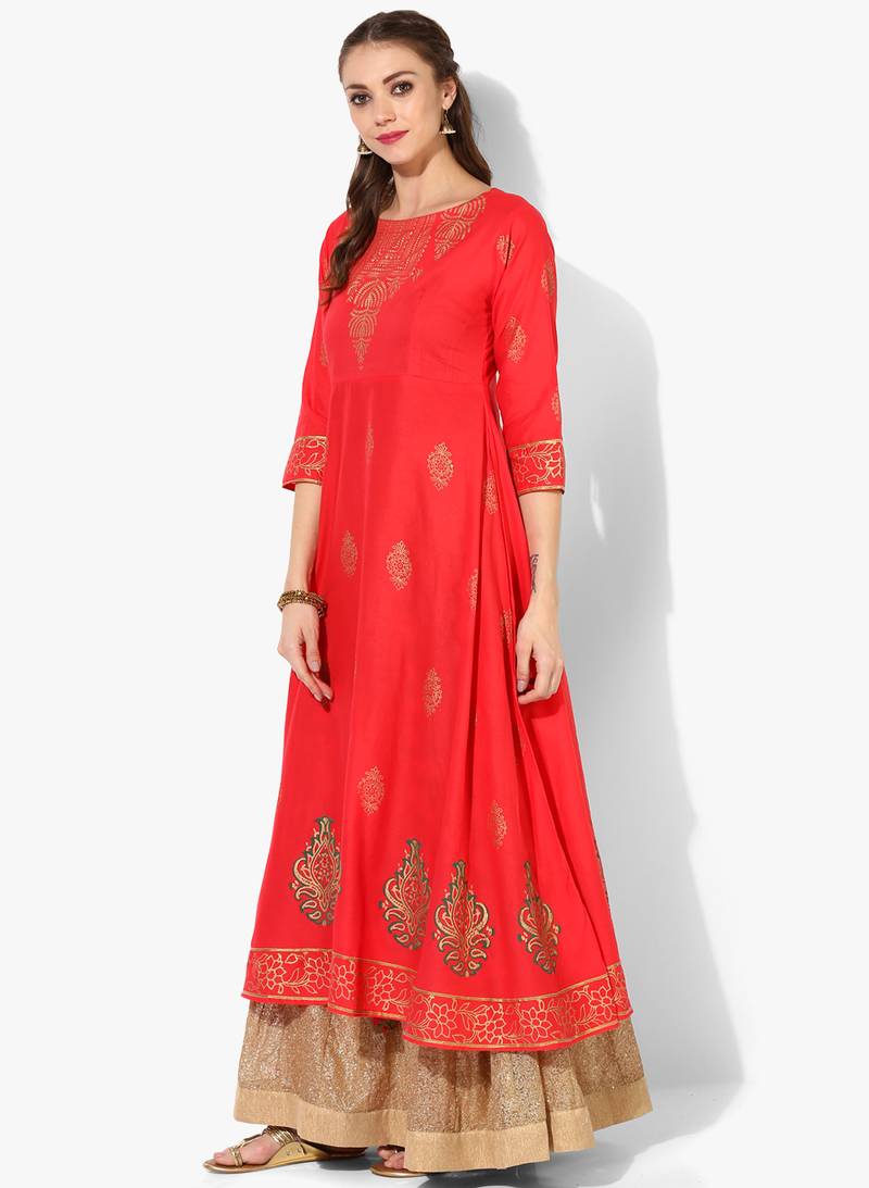 Women's Red Cotton Block Prints Long Anarkali kurti