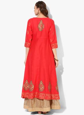 Women's Red Cotton Block Prints Long Anarkali kurti 4