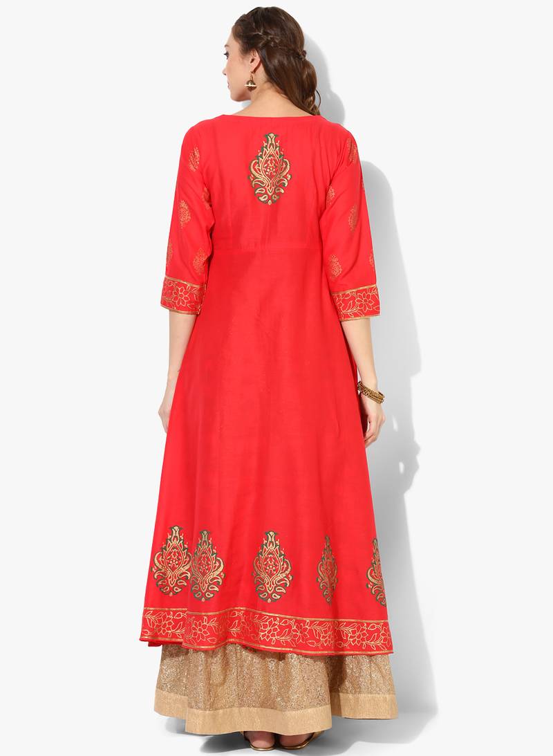 Women's Red Cotton Block Prints Long Anarkali kurti