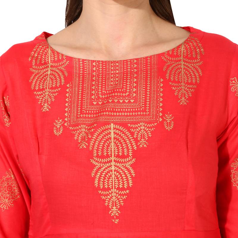 Women's Red Cotton Block Prints Long Anarkali kurti
