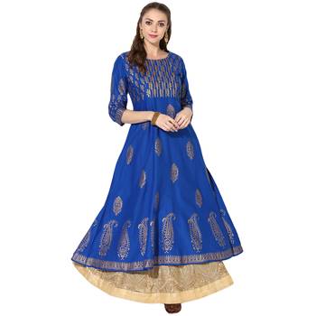 Women's Blue Cotton Block Prints Long Anarkali kurti 1