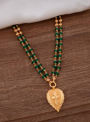 Green double line LONG necklace with cross in golden leaf pendant one gram gold 1