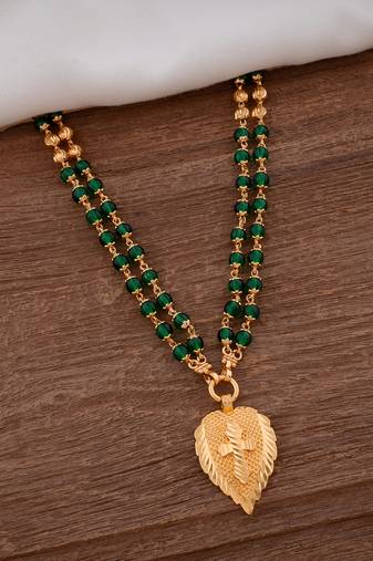 Green double line LONG necklace with cross in golden leaf pendant one gram gold
