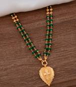 Green double line LONG necklace with cross in golden leaf pendant one gram gold