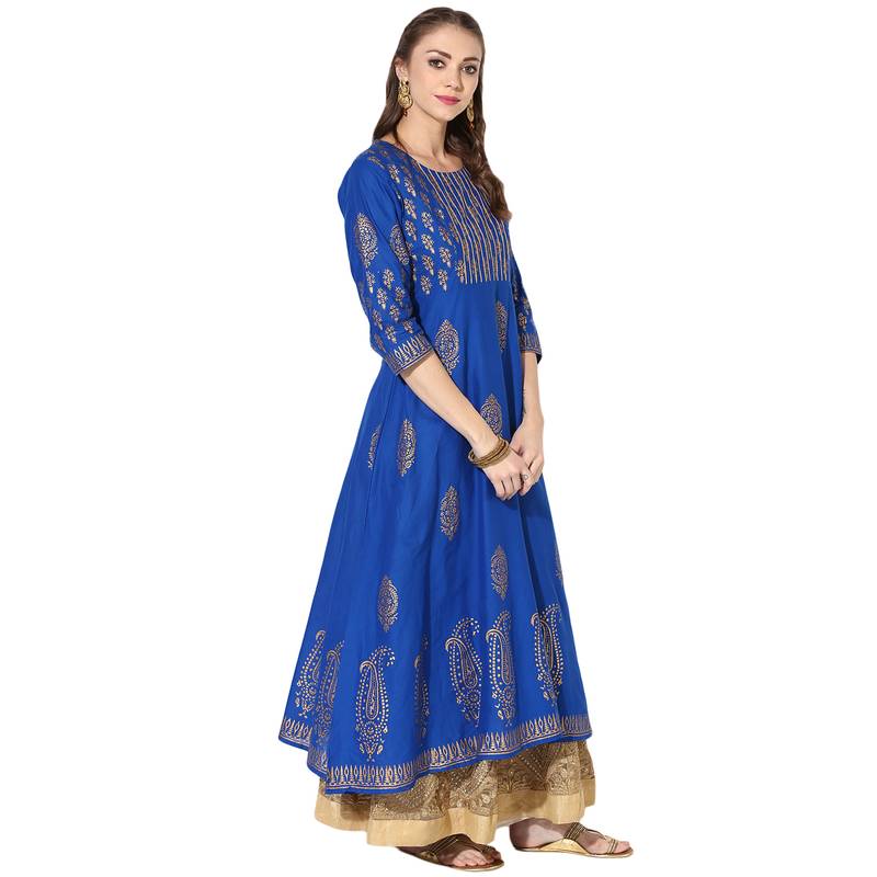 Women's Blue Cotton Block Prints Long Anarkali kurti