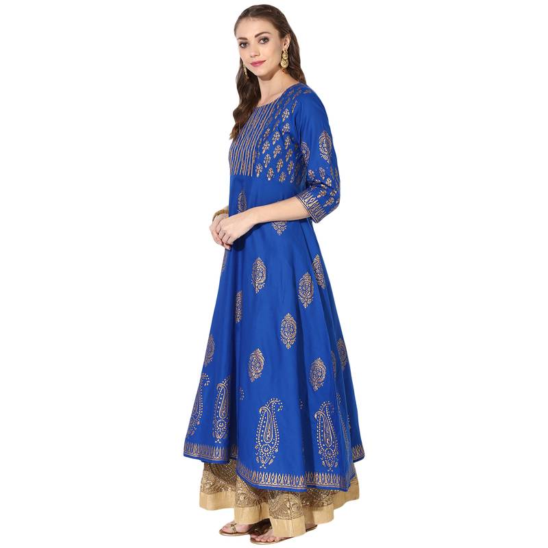 Women's Blue Cotton Block Prints Long Anarkali kurti