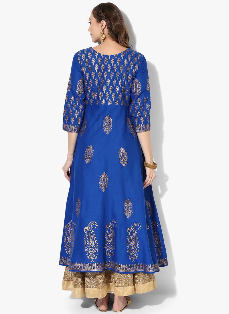 Women's Blue Cotton Block Prints Long Anarkali kurti