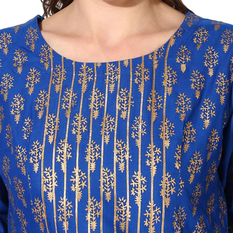Women's Blue Cotton Block Prints Long Anarkali kurti