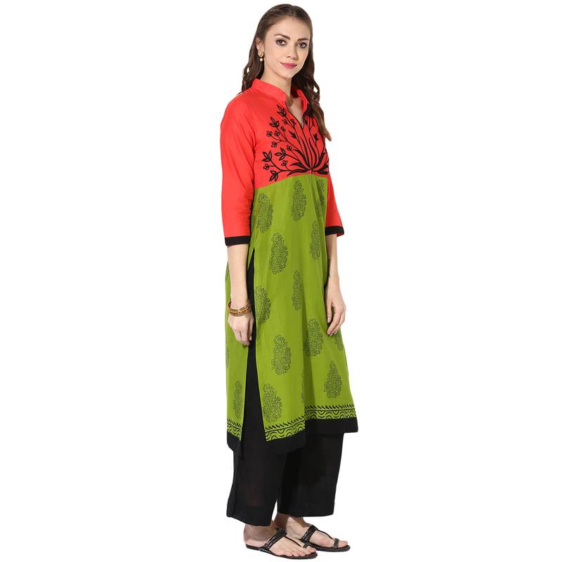 Women's Multicolor Cotton Block Prints Long Straight kurti