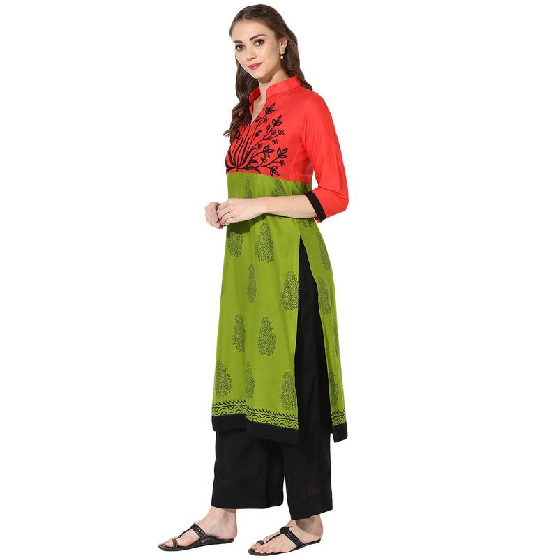 Women's Multicolor Cotton Block Prints Long Straight kurti