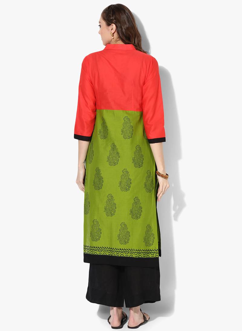 Women's Multicolor Cotton Block Prints Long Straight kurti
