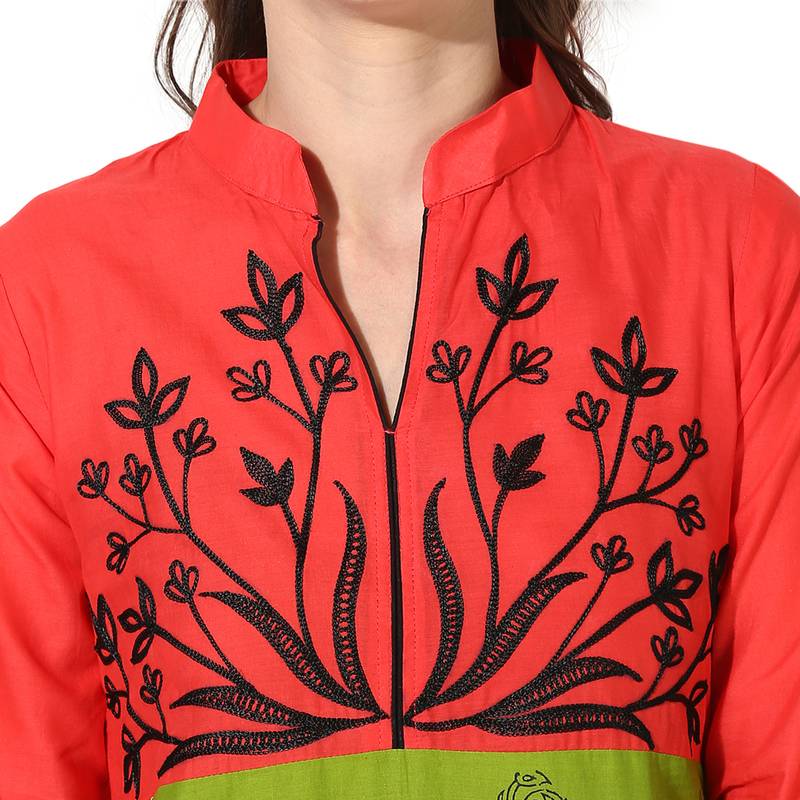 Women's Multicolor Cotton Block Prints Long Straight kurti