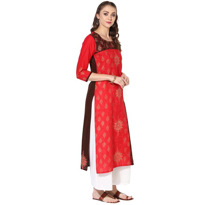 Women's Multicolor Cotton Block Prints Long Straight kurti