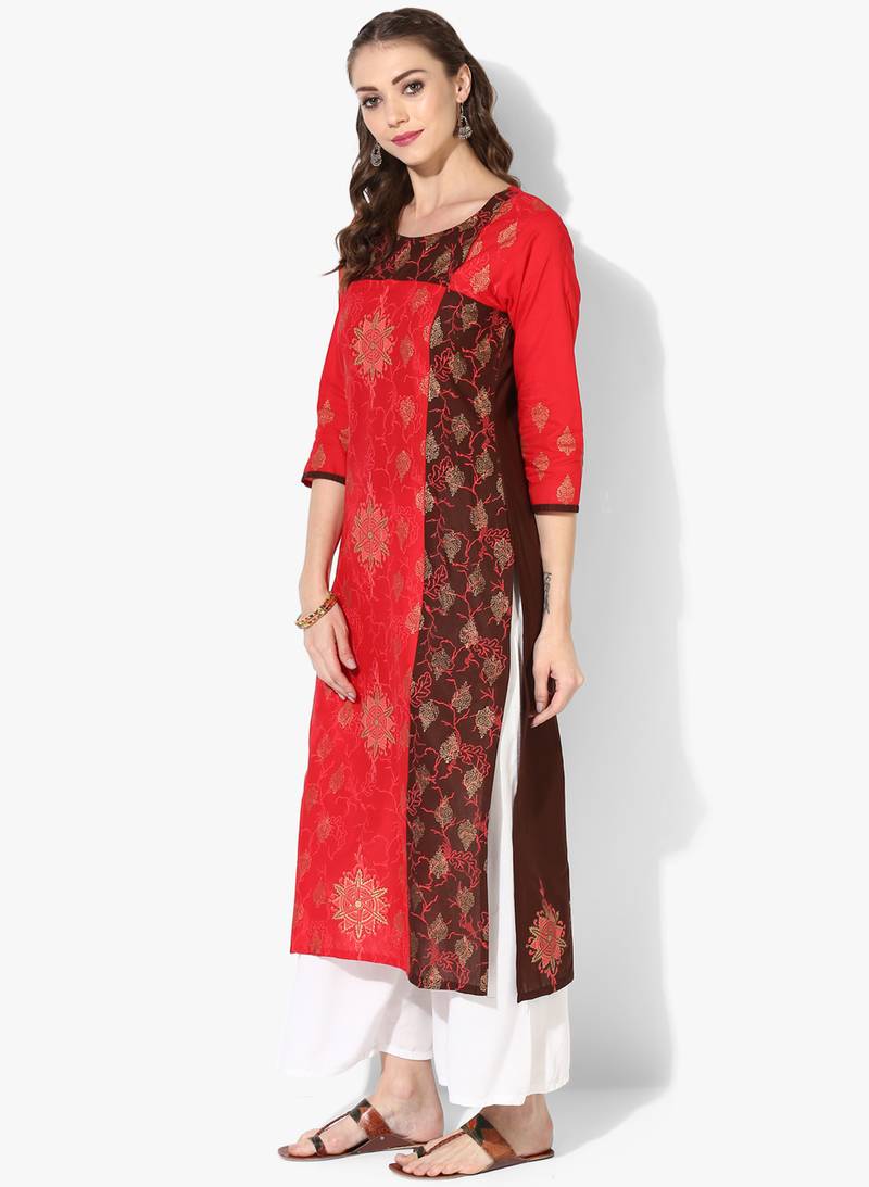 Women's Multicolor Cotton Block Prints Long Straight kurti