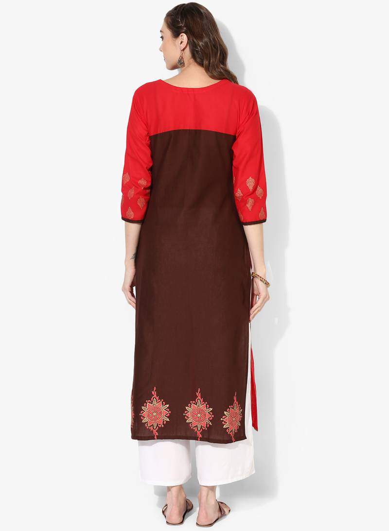 Women's Multicolor Cotton Block Prints Long Straight kurti