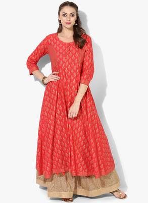 Women's Red Cotton Block Prints Long Straight kurti 1