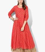 Women's Red Cotton Block Prints Long Straight kurti
