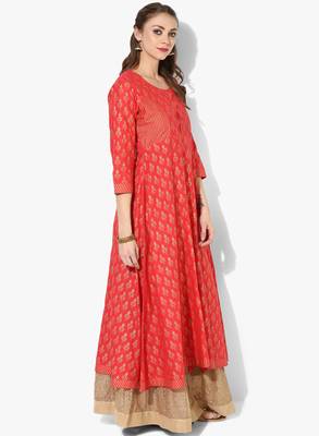 Women's Red Cotton Block Prints Long Straight kurti 2