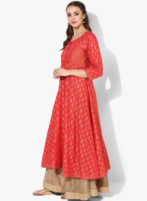 Women's Red Cotton Block Prints Long Straight kurti 3