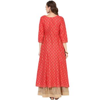Women's Red Cotton Block Prints Long Straight kurti 4