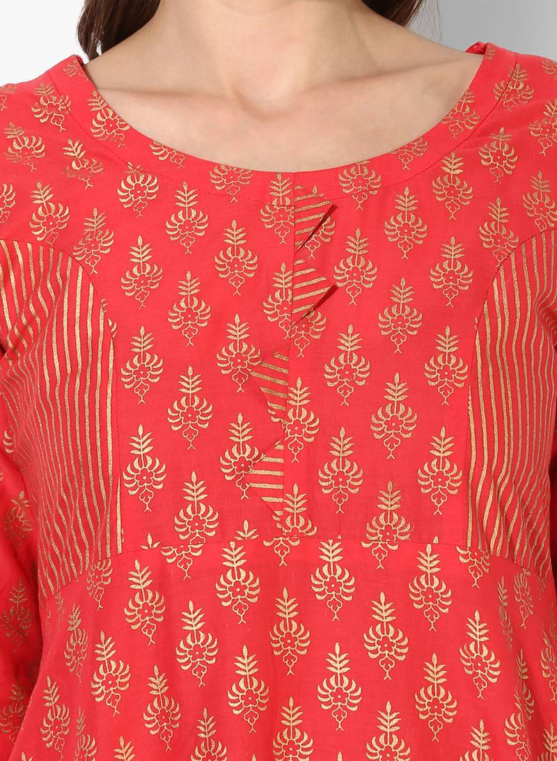 Women's Red Cotton Block Prints Long Straight kurti