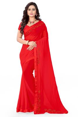 Red Woven Georgette Saree With Blouse 1