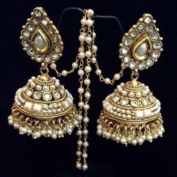 Bridal Bollywood Pearl Kundan Big Teardrop Jhumka India traditional Earrings 1