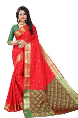 Red woven jacquard saree with blouse 1