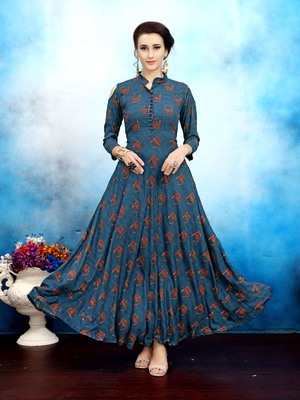 Blue printed rayon long kurtis - Elevate Women - 2435262