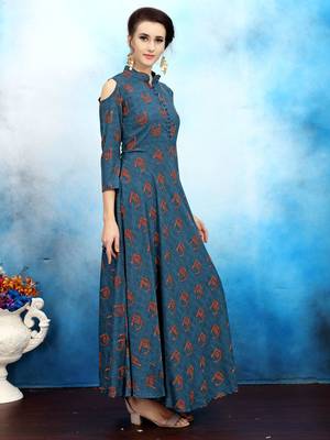 Blue printed rayon long kurtis 3
