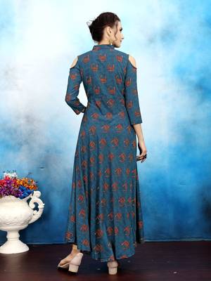 Blue printed rayon long kurtis 4
