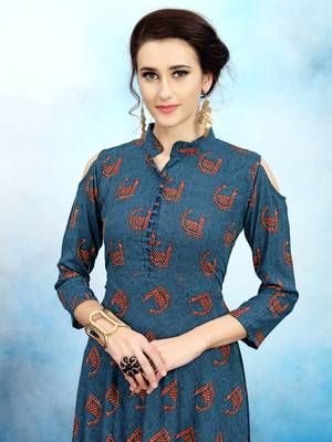 Blue printed rayon long kurtis 5