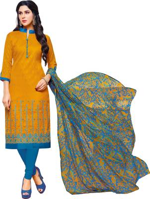  Mustard & Sky Blue Jacquard Cotton Printed & Embroidered Salwar Suit For Women 2