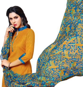 Mustard & Sky Blue Jacquard Cotton Printed & Embroidered Salwar Suit For Women 3