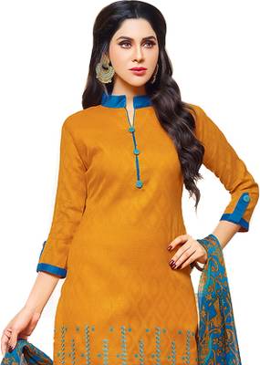  Mustard & Sky Blue Jacquard Cotton Printed & Embroidered Salwar Suit For Women 4