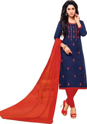 Navy Blue & Red Jacquard Cotton Printed & Embroidered Salwar Suit For Women 2