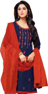 Navy Blue & Red Jacquard Cotton Printed & Embroidered Salwar Suit For Women 3