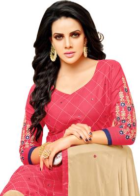 Pink & Cream Cotton Embroidered & Mirror Work Salwar Suit For Women 2