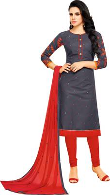 Gray & Red Cotton Embroidered & Mirror Work Salwar Suit For Women 2