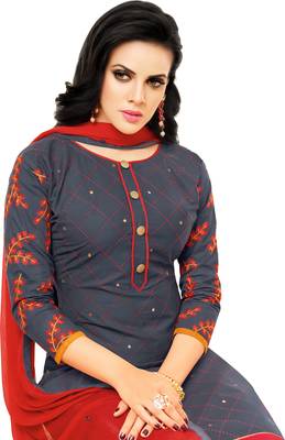 Gray & Red Cotton Embroidered & Mirror Work Salwar Suit For Women 3