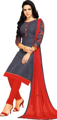 Gray & Red Cotton Embroidered & Mirror Work Salwar Suit For Women 4