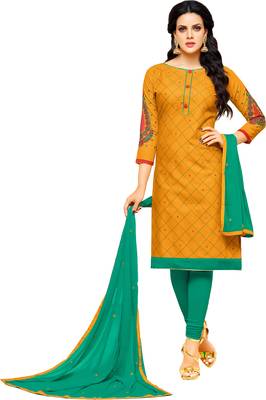 Mustard & Sea Green Cotton Embroidered & Mirror Work Salwar Suit For Women 2