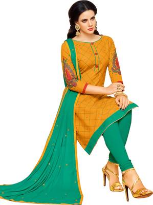 Mustard & Sea Green Cotton Embroidered & Mirror Work Salwar Suit For Women 3