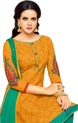 Mustard & Sea Green Cotton Embroidered & Mirror Work Salwar Suit For Women 4