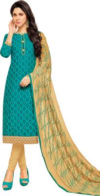 Rama Green & Beige Cotton Embroidered & Mirror Work Salwar Suit For Women 2